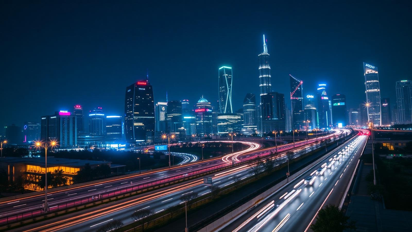 Uber cover — city night skyline with car light trails